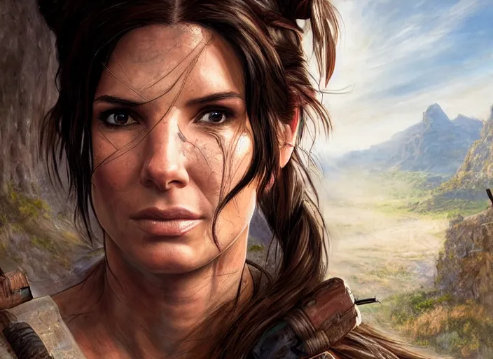 Prompt: face portrait of concentrated young Sandra Bullock as Lara Croft with pig-tails entering an incredible epic ruin, glorious sun beams, intricate, elegant, highly detailed, digital painting, short focus, illustration, Allan Lee, John Howe