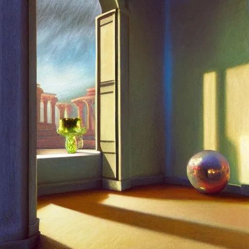 Prompt: still life painting of a room with a balcony. in the center lays an ancient holy artifact, shaped like torus ring, chromed and ornate with gentle iridescent shine from within. the ring lays on top of a pedestal. perspective from the side. realistic light and shadows. moody fantasy art, still life renaissance pastel painting.