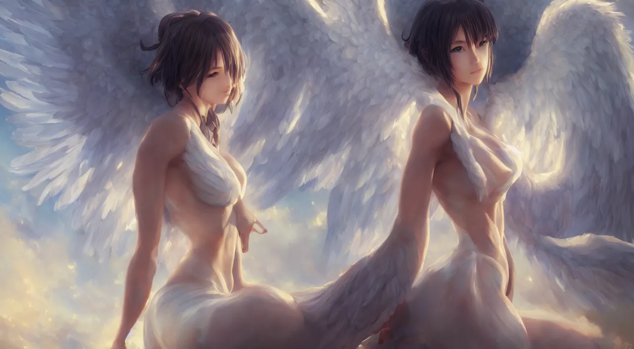 Image similar to an oil painting of a beautiful anime girl with angel wings, by artgerm, wlop and greg rutkowski, hd, hdr, ue 5, ue 6, unreal engine 5, cinematic 4 k wallpaper, 8 k, ultra detailed, high resolution, artstation, award winning