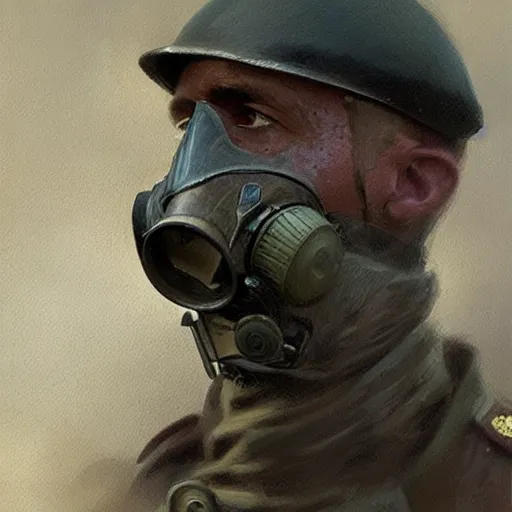 Prompt: a portrait painting of a world war 1 british soldier wearing gasmask, detailed, in the style of greg rutkowski