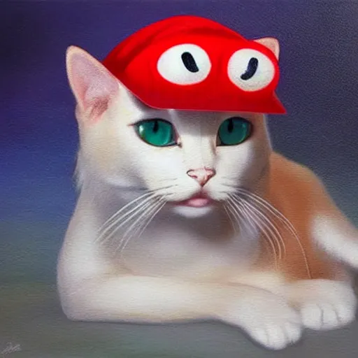 Image similar to A beautiful oil painting of a Kawaii Cat wearing a Super Mario Hat, art by michelangelo, volumetric lighting, photorealistic, highly detailed.