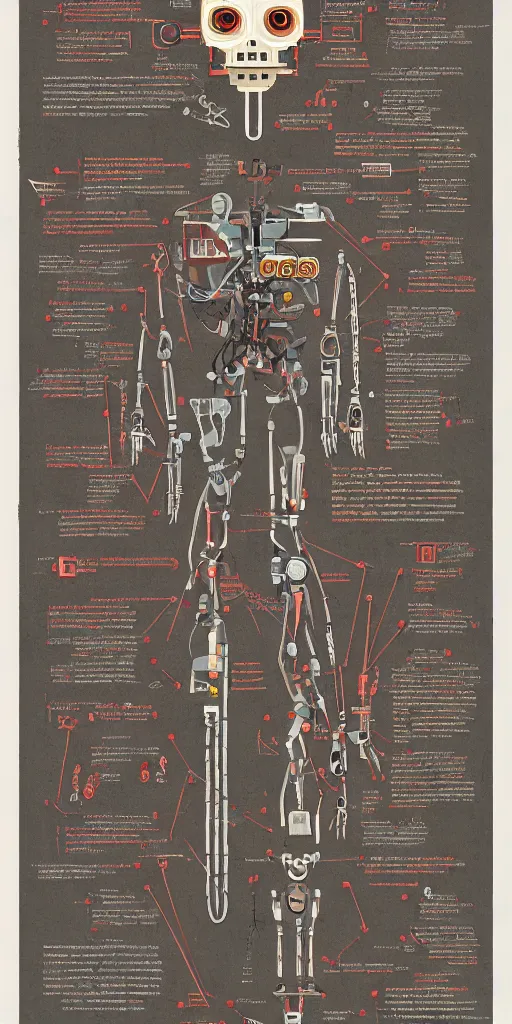 Image similar to anatomy of the terminator, robot, cyborg, t100, diagrams, map, marginalia, sketchbook, old script, inhabited initials, pastel infographic by Wes Anderson and victo ngai