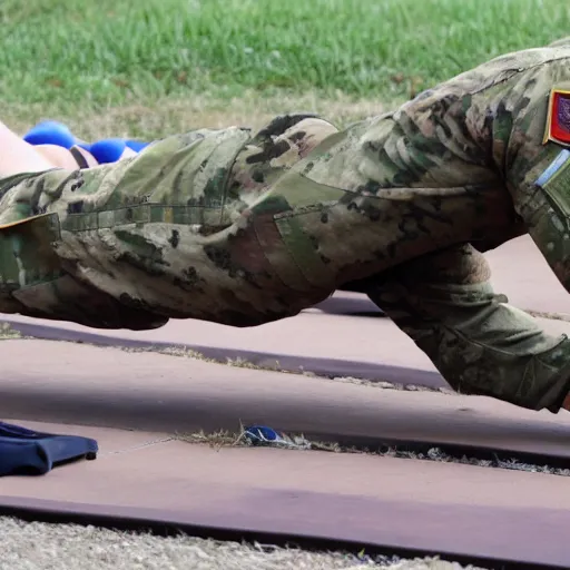 Prompt: in the army doing push - ups with one hand