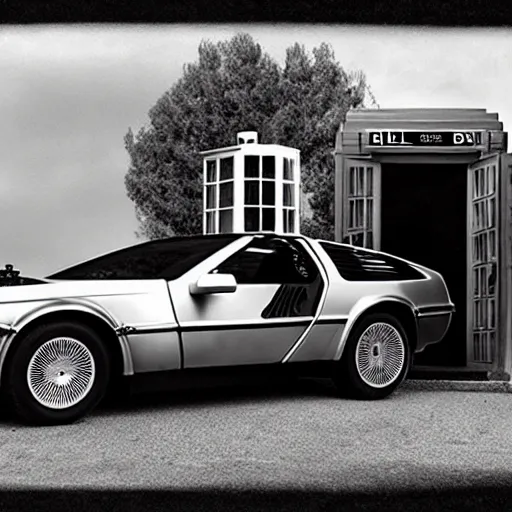 Image similar to a DeLorean in front of the TARDIS daguerreotype