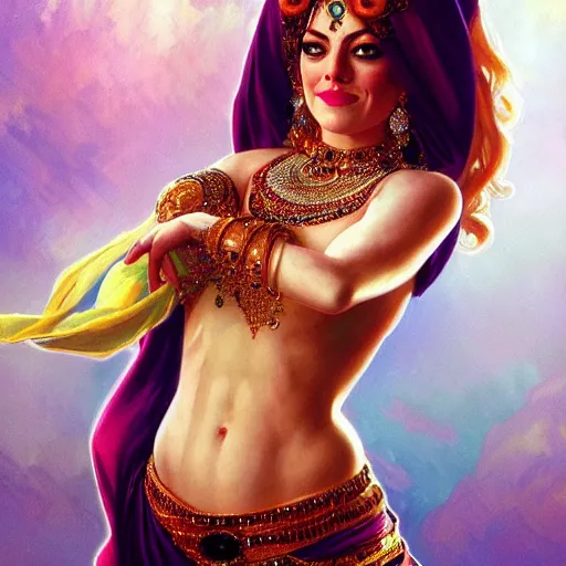 Image similar to a portrait of emma stone dressed as a belly dancer, arabian night, high quality, fully detailed, 4 k, in focus sharp face with fine details, realistic hand details and anatomy, inspired by belly dancer shakira on youtube, by artgerm and greg rutkowski and alphonse mucha, masterpiece, stunning, artstation