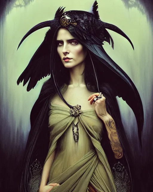 Image similar to a portrait of the Raven Queen, dark magic, illustration, dramatic lighting, soft details, painting oil on canvas, art nouveau, octane render, HDR, 4k, 8k, HD, by Edmund Blair Leighton, Brom, Charlie Bowater, trending on artstation, ,Tom Bagshaw faces by otto Schmidt