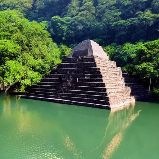 Prompt: maya pyramid next to a river near a camp