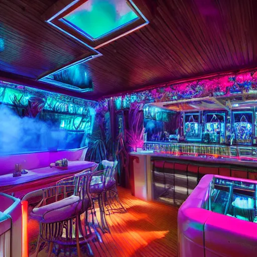 Image similar to architectural digest photo, inside dark and moody crowded futuristic tiki bar inside a yacht, tropical plants, blue lighting with small pastel orange and pink accent lights, crowd of cool people dancing, haze, volumetric fog, ray - tracing lighting and reflections