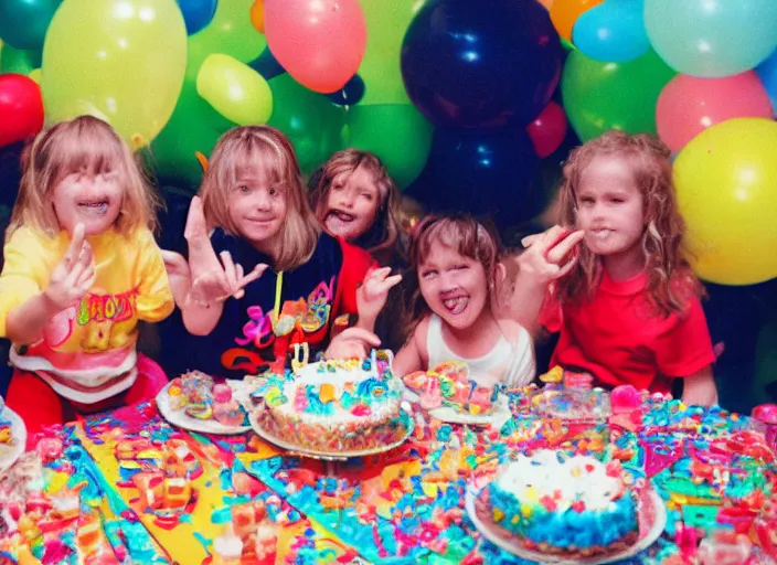 Prompt: 1990s kids birthday party, finger partially over the lens, Kodak Color Plus 35mm Film