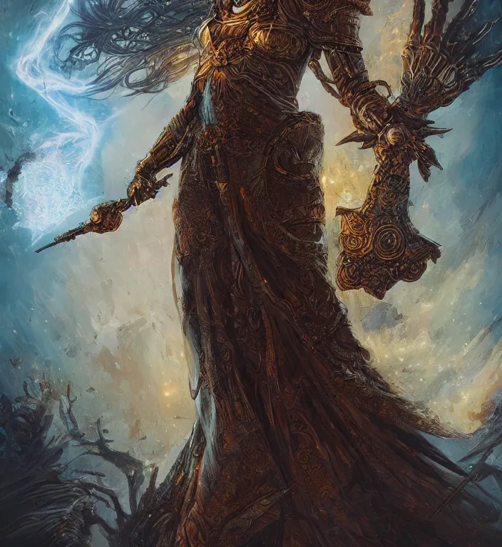 Image similar to full body illustration of a goddess, tarot card, dark souls colour scheme, establishing shot, coherent, high detailed, kerem beyit, Karol Bak, featured on artstation