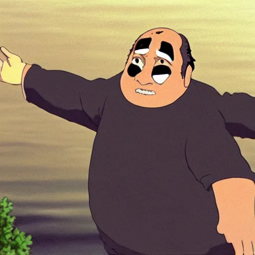 Image similar to a screenshot of Danny Devito in Spirited Away (2001), Miyazaki, Studio Ghibli