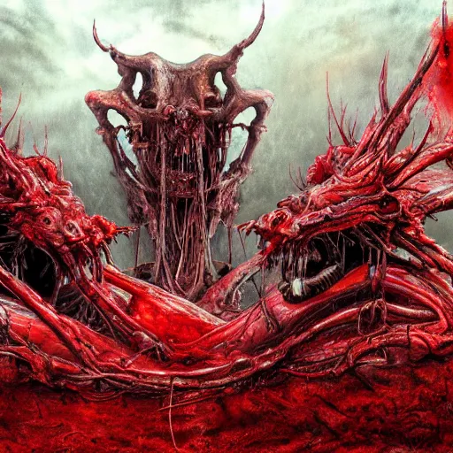 Prompt: landscape artwork of two demons entwined emerging from corpses in a red hellscape covered in blood by Yoshitaka Amano, by HR Giger, full body wide shot, biomechanical, 4k, hyper detailed, hyperrealism, anime, red sky, blood and body parts, deviantart, artstation