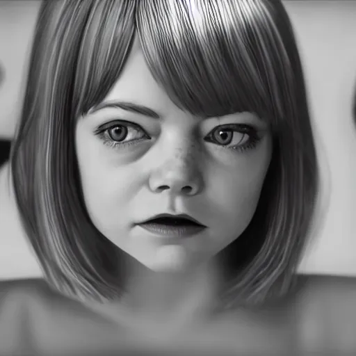 Image similar to toddler emma stone with black - and - white hair, like cruella haircut, in a room, cinematic, movie scene, vivid colors, detailed, 8 k