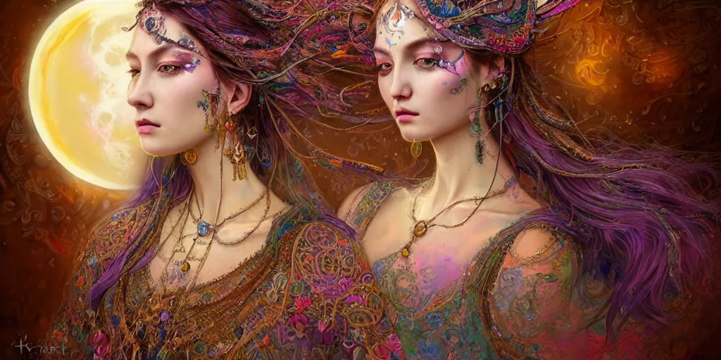Prompt: a portrait of ethereal gypsy women with detailed eyes and glowing faces, moon, crystal ball, photorealistic, colorful dresses, in the style of in the style of ruan jia, karol bak, holographic undertones, ornate art nouveau zodiac astrology stained glass forest background, iconography, smooth, sharp focus, dramatic lighting, intricate details, hdr, artstation