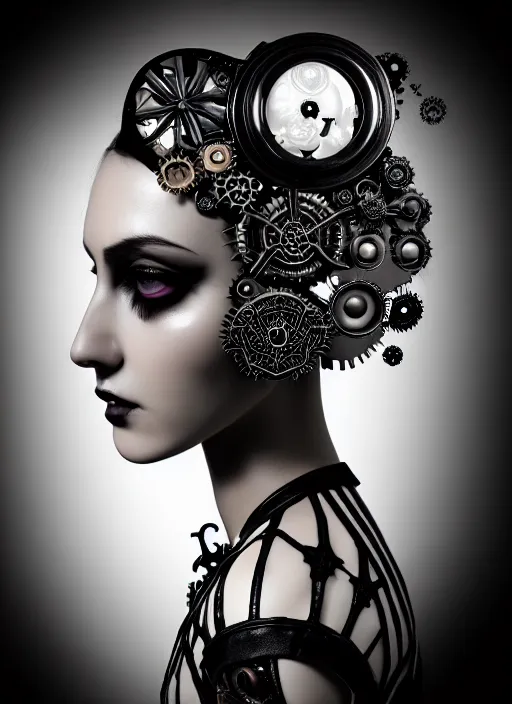 Image similar to black and white gothic masterpiece profile portrait, one steampunk eye silver hexagonal meshes floral biomechanical beautiful young female cyborg - vampire, big monocular, volumetric light, hibiscus flowers, by hg giger, rim light, big gothic fashion pearl embroidered collar, 8 k