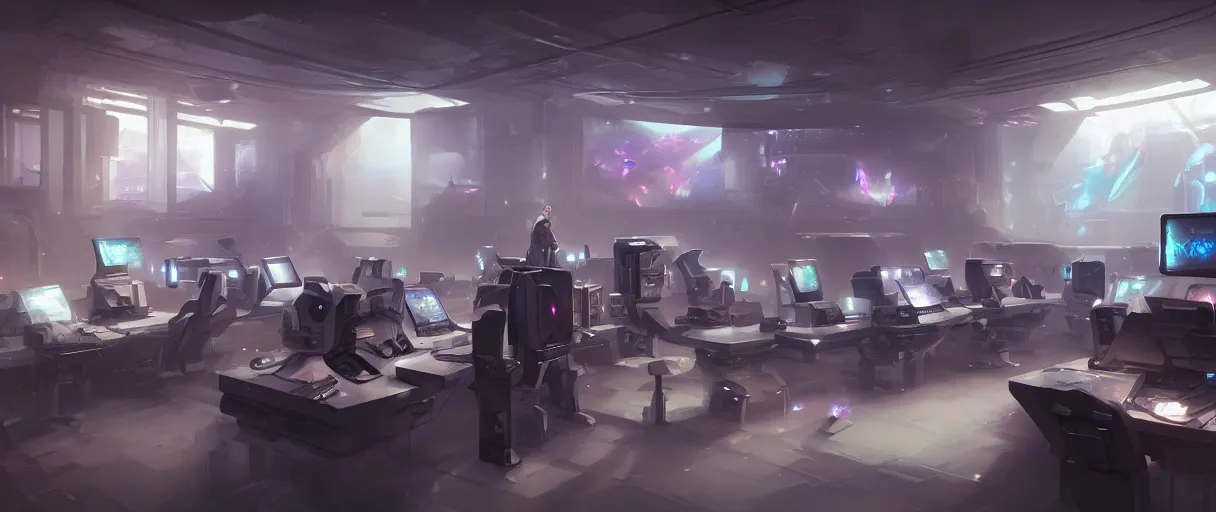 Prompt: futuristic computers in a room with holograms of screens, figure facing towards it, futuristic, concept art, matte painting, digital art, high detail, trending on art station, style of jordan grimmer