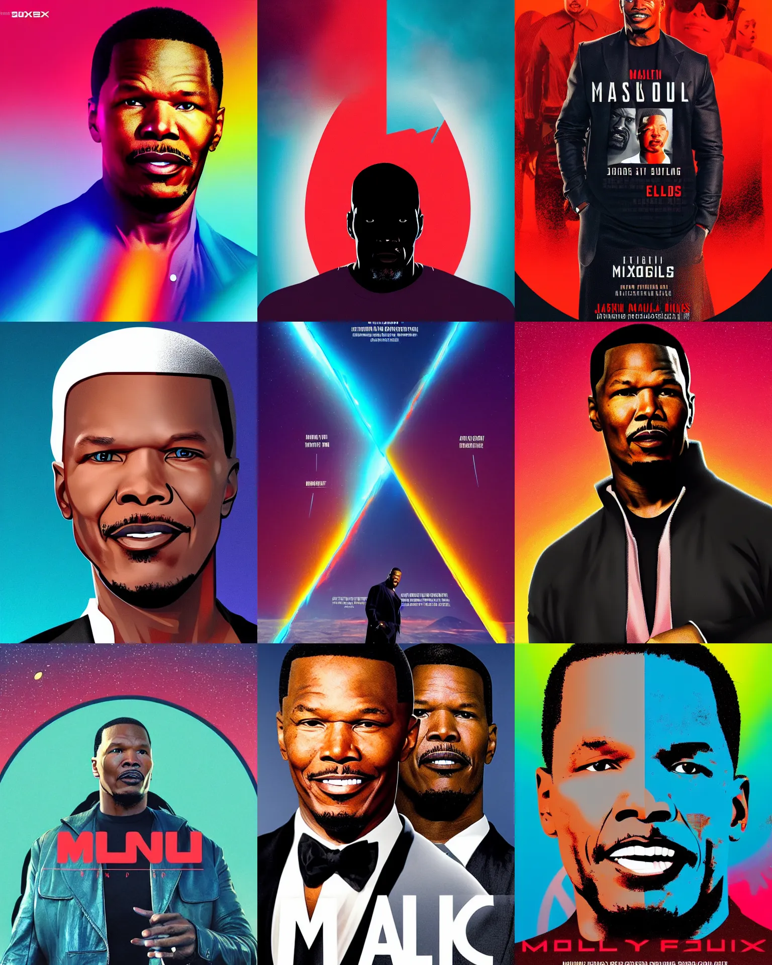 Prompt: musk ( 2 0 2 4 ), jamie foxx is technology mogul elon musk, minimal movie poster, solid colors, silhouettes, vibrant, digital art