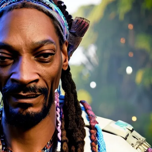 Image similar to film still of Snoop Dogg as Aloy in Horizon Zero Dawn