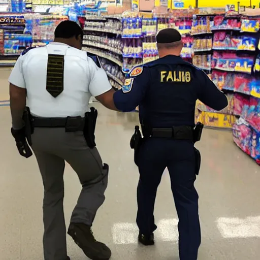 Prompt: Captain Falcon being arrested at Wal-mart, high quality, phone photography