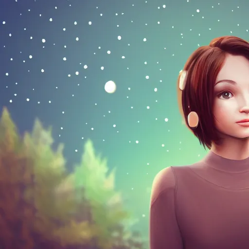 Image similar to an hd candid photo of a cute young woman with short brown hair and green eyes, beautiful trees in the background, night sky with stars and galaxies, trending on artstation