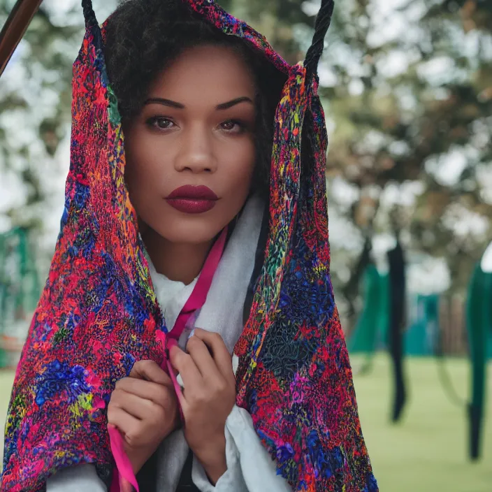 Prompt: a closeup portrait of a woman wearing a cloak made of ribbons, staring at an empty swing playground, claymation, 8 k, medium - format print