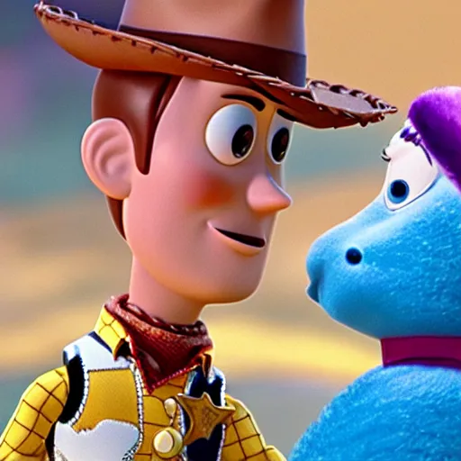 Prompt: woody trying to kiss bo peep in Toy Story 4