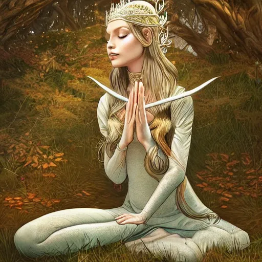 Prompt: elven princess meditating in forest, digital art, trending on artstation, ultra detailed, intricate, sacred geometry, serene, beautiful, photo, realistic, perfect, smooth, moebius, by moebius