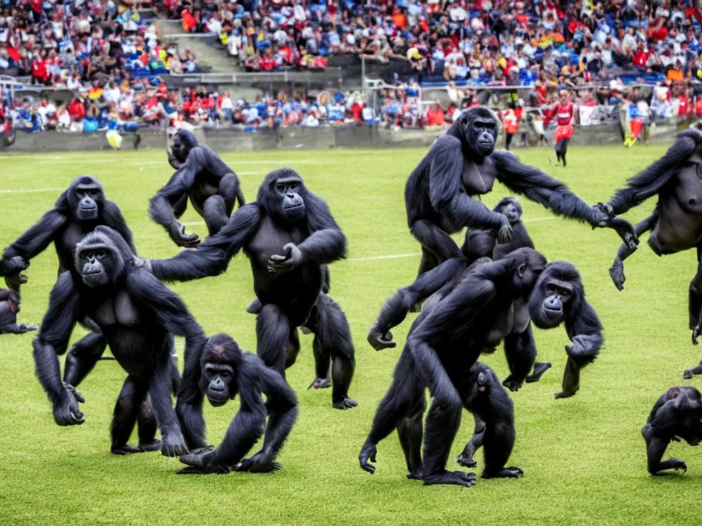 Prompt: gorillas playing a soccer game in a stadium full of people, vivid