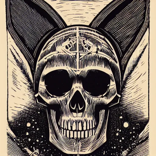 Image similar to Woodcut portrait of a beautiful cute skull with robot ears by falling into the stars greg rutkowski, 4k, intricate details