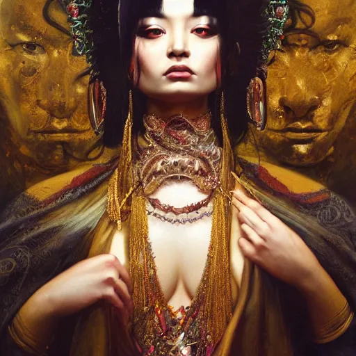 Prompt: highly detailed oil painting, very intricate, cinematic lighting, award - winning, portrait of the asian goddess of goth dressed by alexander mcqueen, by roberto ferri, by tom bagshaw, by j. c. leyendecker and klimt, american romanticism, by austin osman spare, artstation, cgsociety, official art, octane