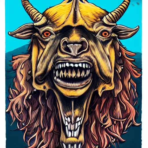 Image similar to a demon with the head of a goat, is looking at the camera, while holding a human head, whose eyes are still wide. symmetrical anatomy, very detailed design, complexity of the image, with pop punk style, colorful.