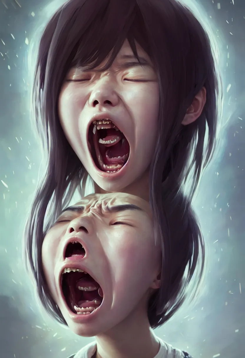 Image similar to beautiful render, waist up portrait of a futuristic cute japanese teenager screaming in anger and frustration, intricate, elegant, highly detailed, digital painting, artstation, concept art, smooth, sharp focus, octane render, dramatic lighting, symmetry, symmetrical face, ONE FACE, headshot, art by greg rutkowski and wlop