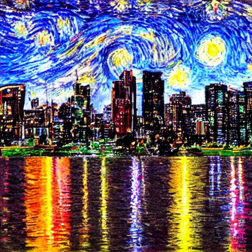 Prompt: calgary cityscape skyline in the style of starry nights