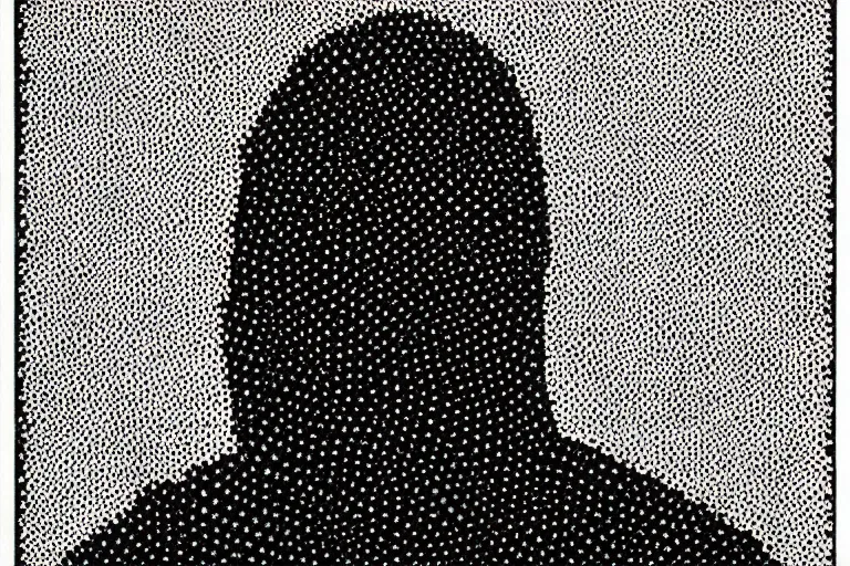 Image similar to black figure, faceless people dark, dots, drip, stipple, pointillism, technical, abstract, minimal, style of francis bacon, asymmetry, pulled apart, cloak, hooded cowl, made of dots, abstract, balaclava, colored dots, sploch