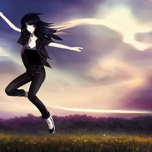 Image similar to 1 7 - year - old pale - skinned anime girl with black long bob cut, long bangs, black gothic jacket, black jeans, flying through sky, jumping through clouds, late evening, blue hour, cirrus clouds, pearly sky, ultra - realistic, sharp details, subsurface scattering, blue sunshine, intricate details, hd anime, 2 0 1 9 anime