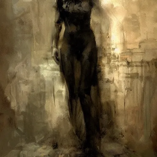 Image similar to full length portrait of a goddess, by Jeremy Mann, detailed, stylized, loose brush strokes, intricate, realistic