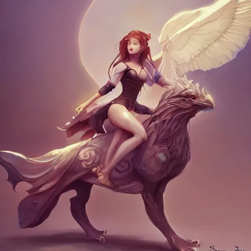 Image similar to Art station concept of a beautiful girl riding a gryphon, symmetrical face, smooth body features, by Stanley Artgerm Lau, WLOP, Rossdraws, James Jean, Andrei Riabovitchev, Marc Simonetti, and Sakimichan, trending on artstation