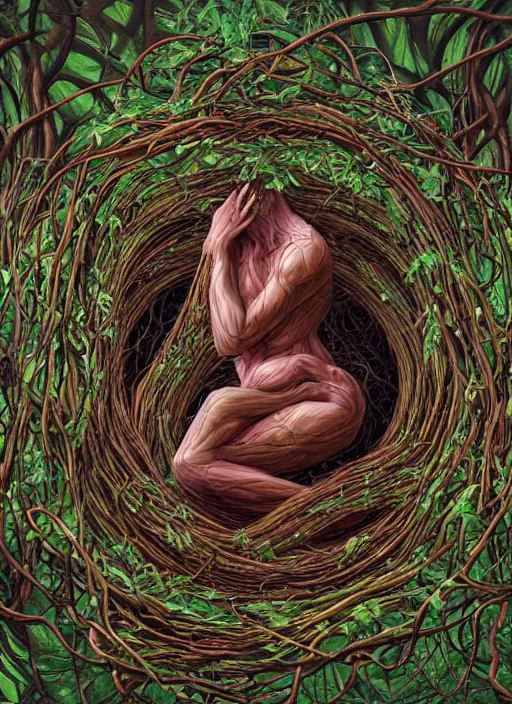 Image similar to a beautiful person trapped in the fetal position inside of extremely thick vines intertwined, central circular composition, high saturation, epic lighting, in the style of Peter gric and Hannah yata 8k