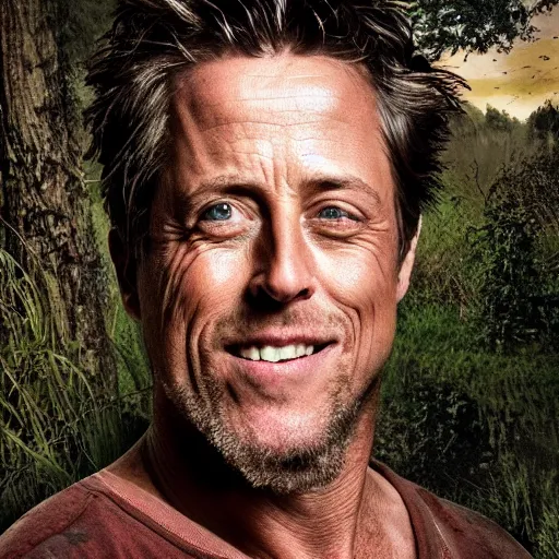 Prompt: hugh grant man vs wild, extreme log shot, born survivor, face with beard, extreme, wide shot, sunset ligthing, forest and fear, worms, bonfire, mud, man in white t - shirt, art by rocha andreas,