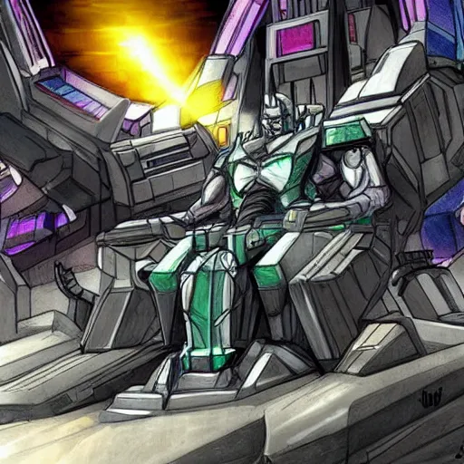 Prompt: colored picture of megatron sitting on a throne in cybertron; trending on artstation