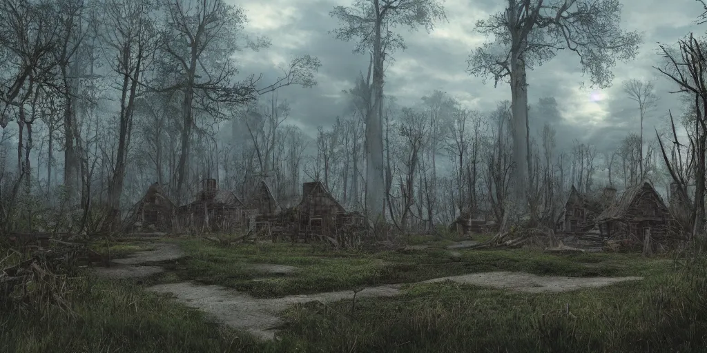 Image similar to an abandoned forest village in dnd at dusk, high definition