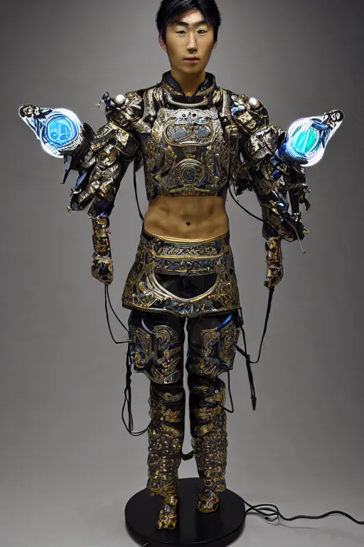 Image similar to full-body neon porcelain bladerunner style sculpture of a young handsome Japanese samurai prince as a half android with a porcelain chest opening exposing circuitry and electric sparks, glowing laser beam eyes, crown of giant diamonds, flowing neon-colored silk, fabric, raptors. baroque elements. full-length view. baroque element. intricate artwork by caravaggio. Very very very very highly detailed epic photo of face. Trending on artstation, octane render, cinematic lighting from the right, hyper realism, octane render, 8k, depth of field, 3D