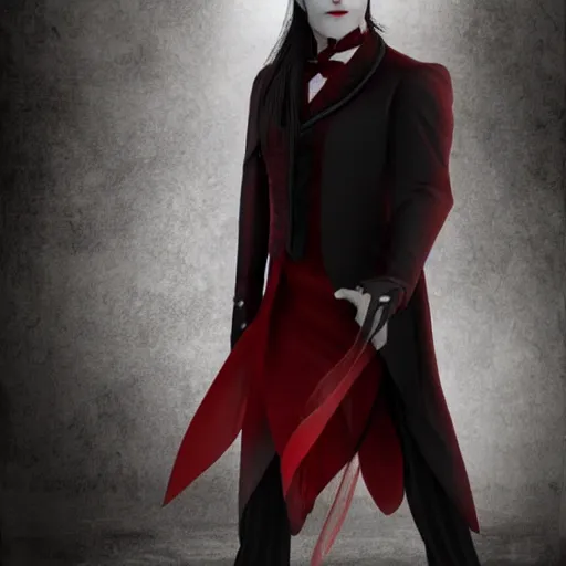 Image similar to a vampire, male, mid - 3 0 s aged, long black hair, clean shaven, dressed formally in red and black, high fantasy, realistic, highly detailed, 8 k.