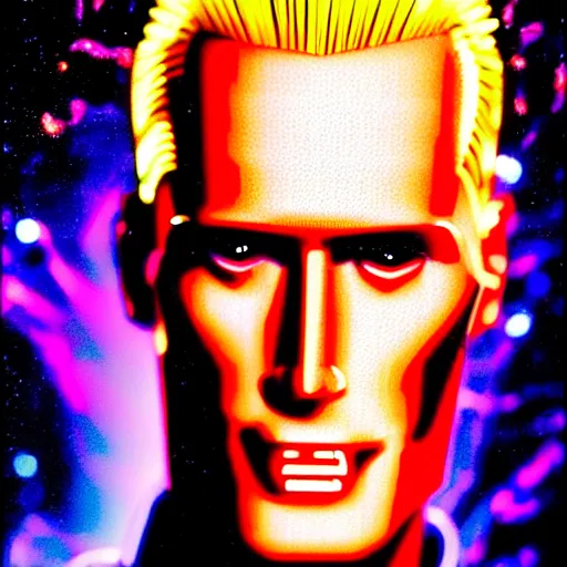 Prompt: uhd hyperrealistic photorealisitc detailed image of cosmic max headroom with sparking, busted, broken cybernetic implants, correct face, matt frewer as max headroom by ayami kojima, amano, karol bak, and ferdinand knab.