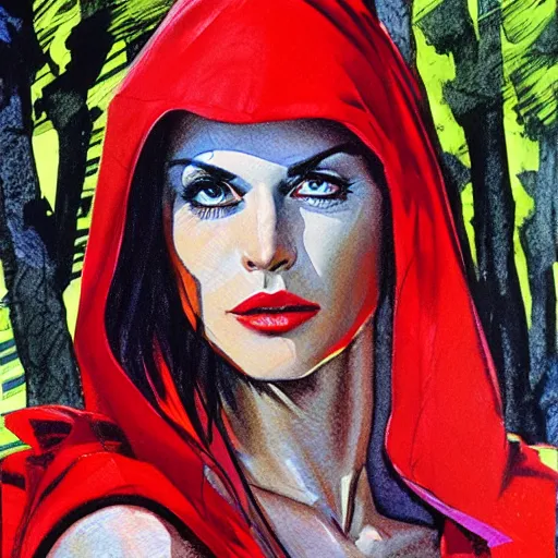 Image similar to photorealistic picture, by bob peak and alex ross and john romita jr, red riding hood lost in miami, gouache and wash paints, fine details, fine intricate, fine facial proportionate, fine body proportionate, fine fix broken line, fine fix duplicate line, smooth focus, sharp details, bokeh, 4 k, fine 5 k details