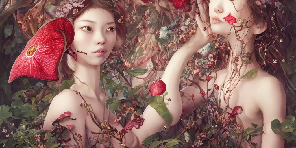 Image similar to breathtaking detailed concept art painting of the girl with rafflesia arnoldii flowers, saint, with anxious, piercing eyes, ornate background, amalgamation of leaves and flowers, by Hsiao-Ron Cheng, James jean, Miho Hirano, Hayao Miyazaki, extremely moody lighting, 8K