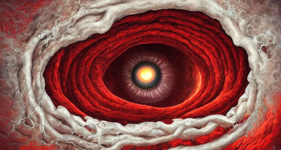 Image similar to a volcano made of ivory vines and crimson rocks enters in eruption, it spits a smoke in the shape of demonic eye, by Naoto Hattori