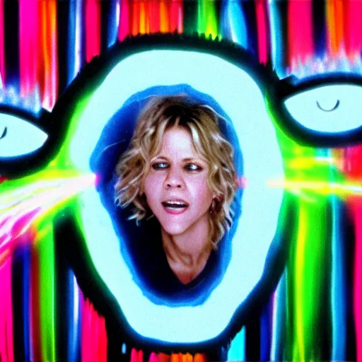 Image similar to Meg Ryan with rainbow Lazer beams coming out of her eyes, very detailed