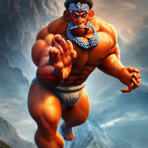 Image similar to photorealistic Bajrangbali holding mountain on his hand, muscular body, magical effect, clear clean face, artstation, devainart, hyperreal, hyperdetailed, 8k ,hd