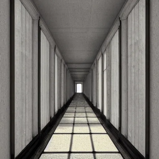 Image similar to a long asylum hallway, one point perspective, vanishing point, symmetrical composition, by lee madgwick, photorealistic, lumion render - w 1 0 2 4